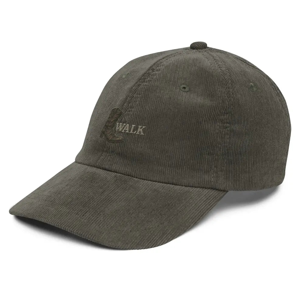 Olive green embroidered corduroy hat with WALK boot motif