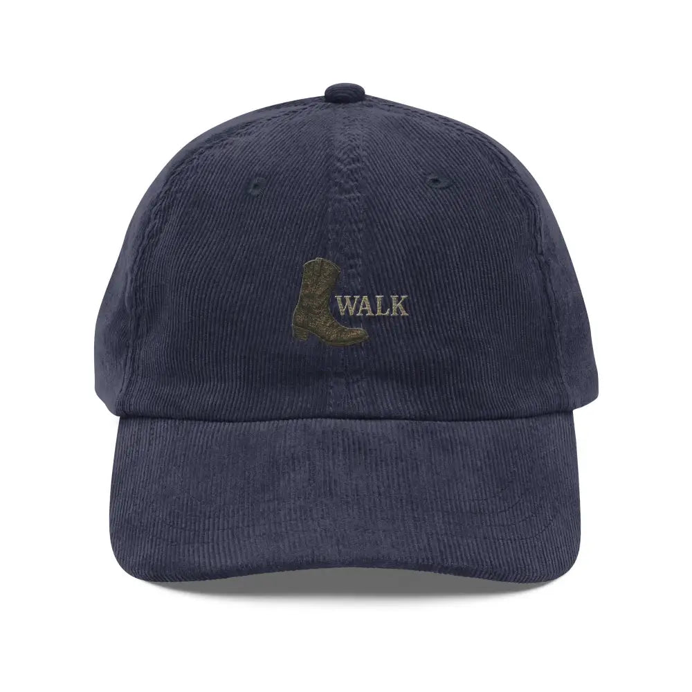 Navy blue embroidered corduroy hat with vintage outlaw-inspired cowboy boot