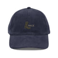 Navy blue embroidered corduroy hat with vintage outlaw-inspired cowboy boot