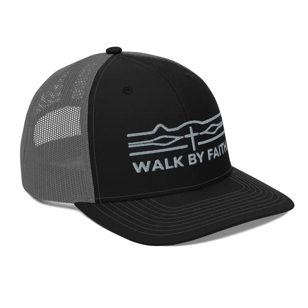 Black mesh trucker hat with white Walk By Faith text and cross
