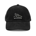 Black embroidered corduroy cap with minimalist mountain sun design