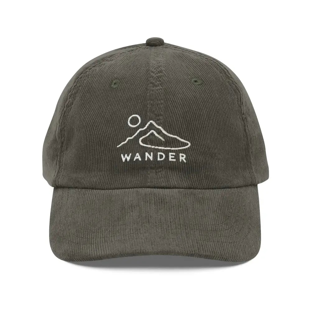 Olive green embroidered corduroy cap with minimalist mountain sun design