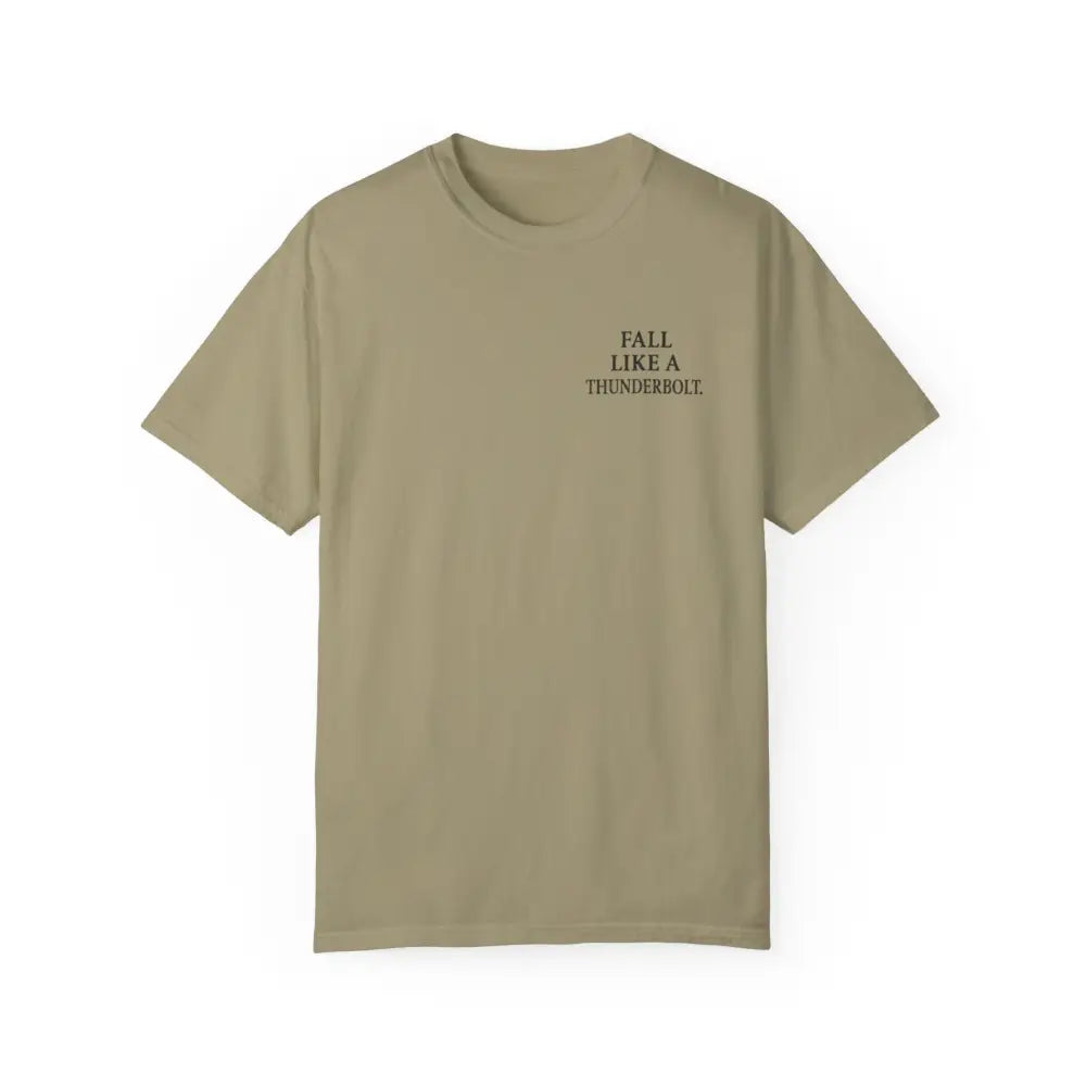 Light olive green inspirational t-shirt with war koi fish design and Fall Like a Thunderbolt print