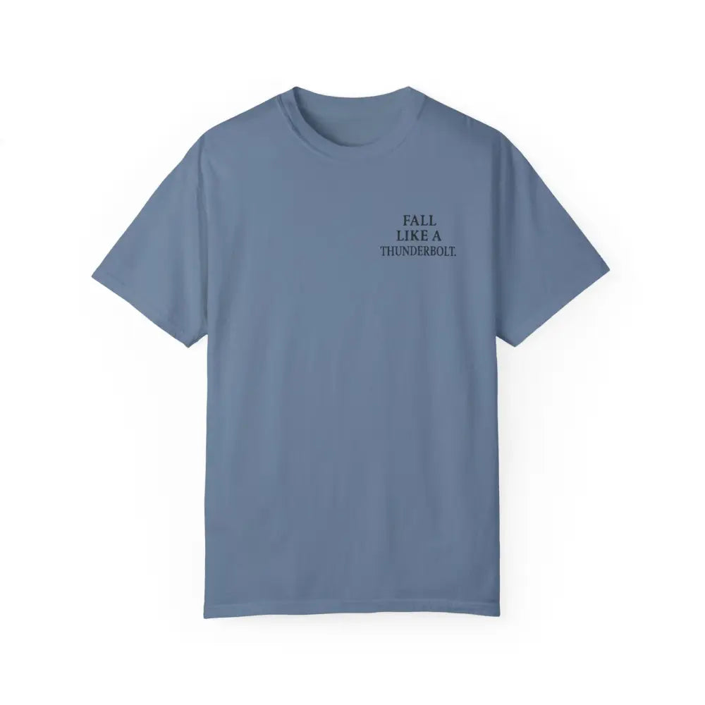 Slate blue inspirational t-shirt with war koi fish Fall Like a Thunderbolt design