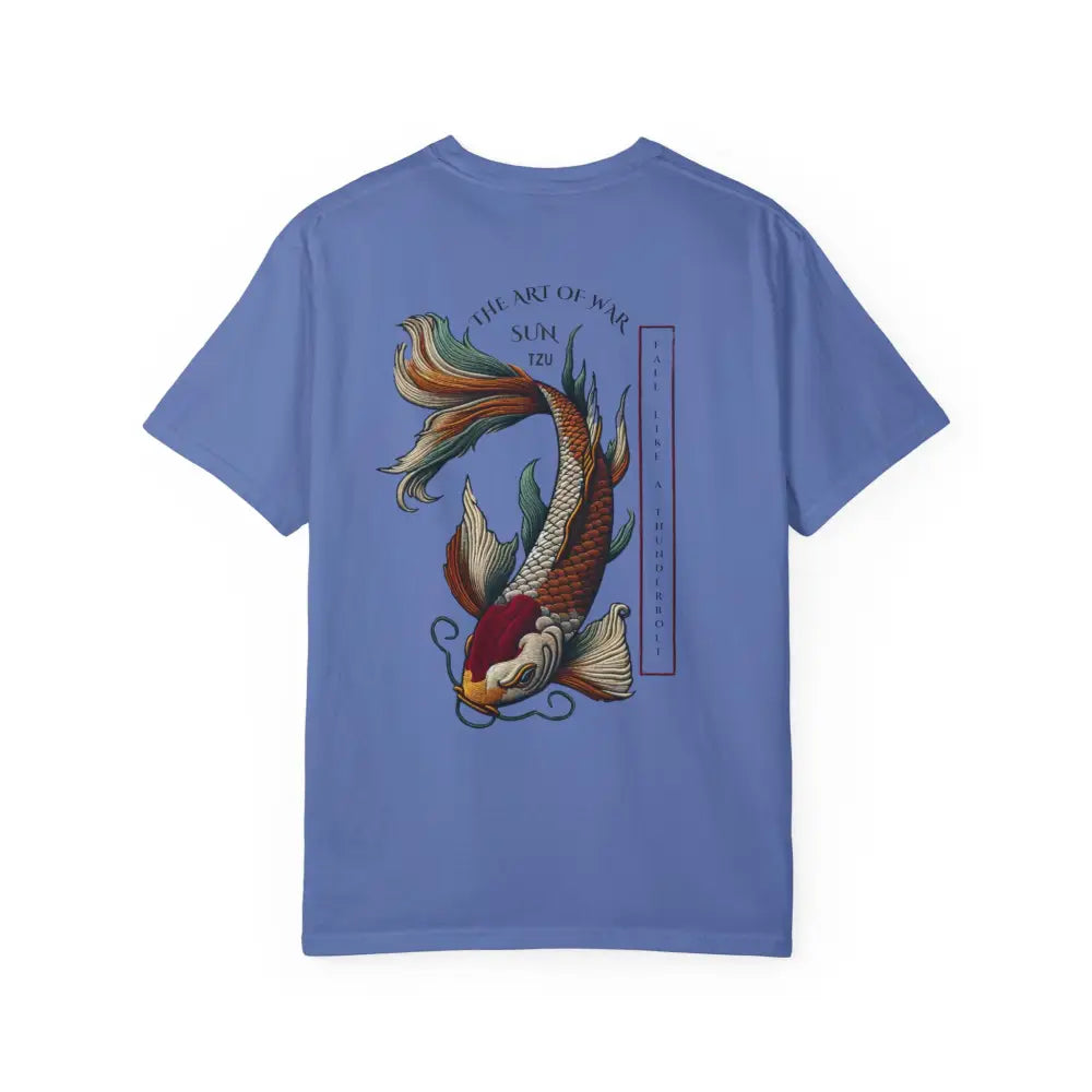 Blue Art of War koi fish inspirational t-shirt with colorful design