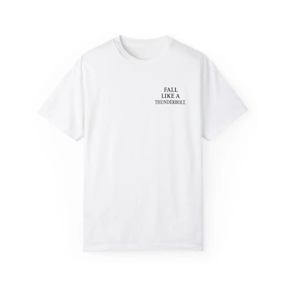 White short-sleeved inspirational t-shirt with war koi fish design and Fall Like a Thunderbolt text