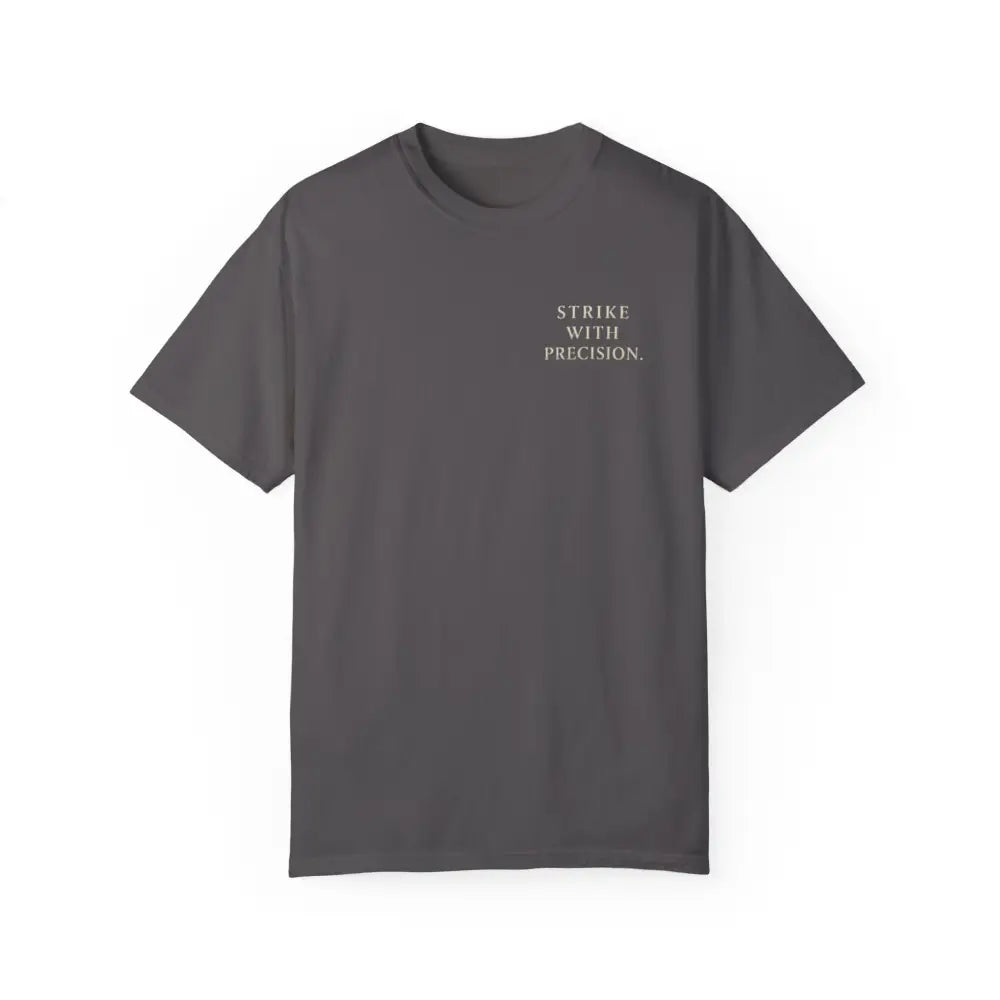 Charcoal gray short-sleeve motivational graphic tee with war koi fish design