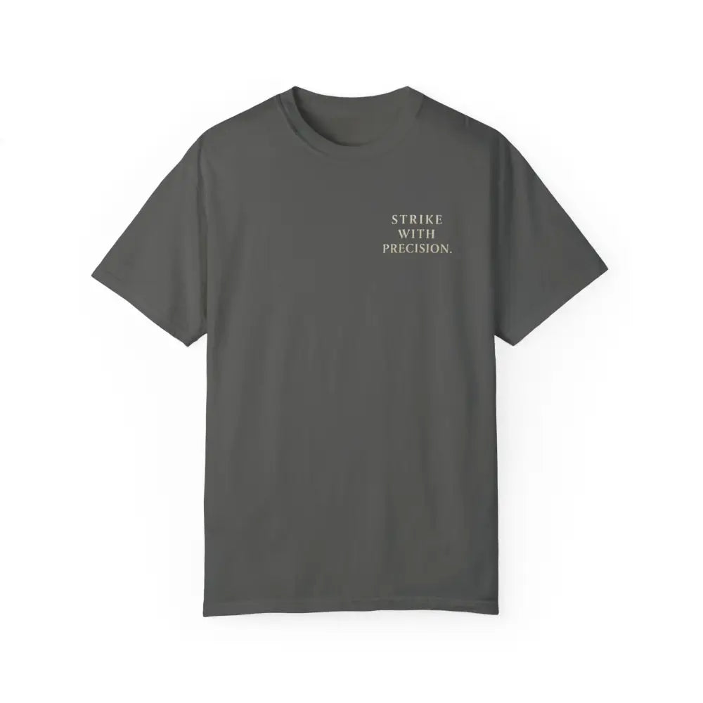 Dark gray motivational graphic tee with war koi fish and Strike with Precision print