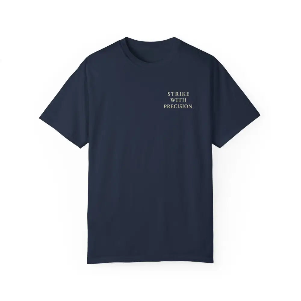 Dark blue motivational graphic tee with war koi fish and strike with precision print