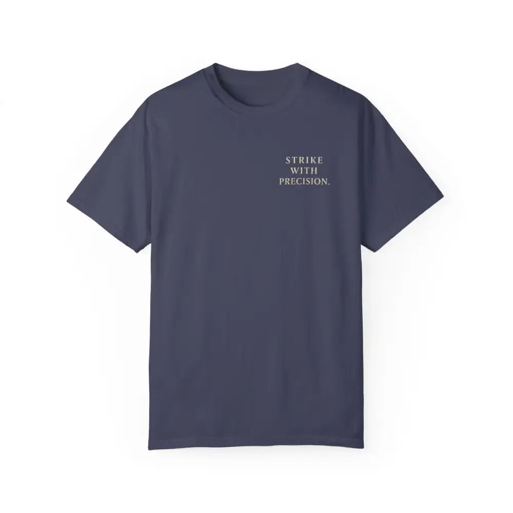 Dark blue motivational graphic tee with war koi fish on chest