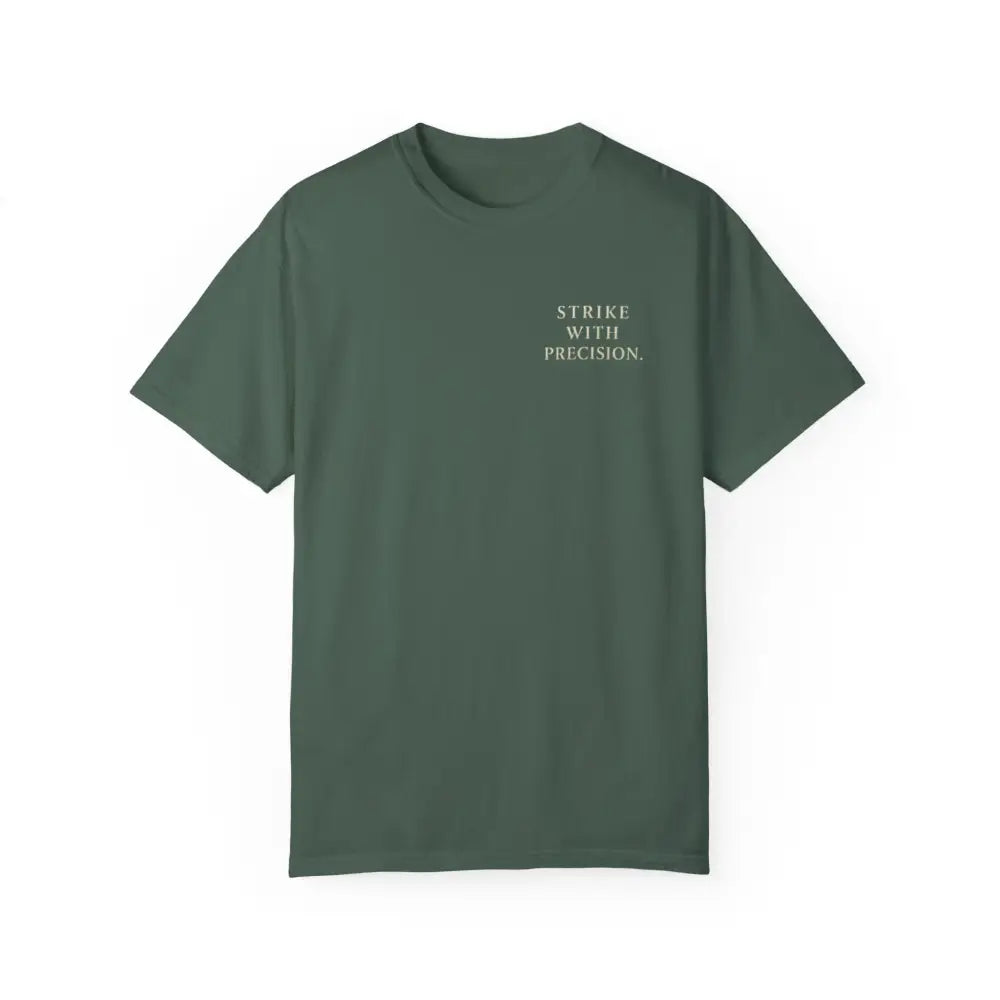 Dark green motivational graphic tee with war koi fish and Strike with Precision print