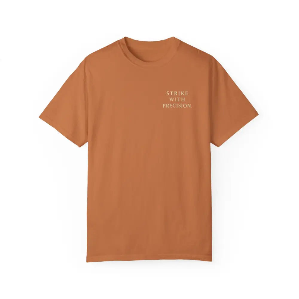 Burnt orange short-sleeve inspirational t-shirt with war koi fish graphic