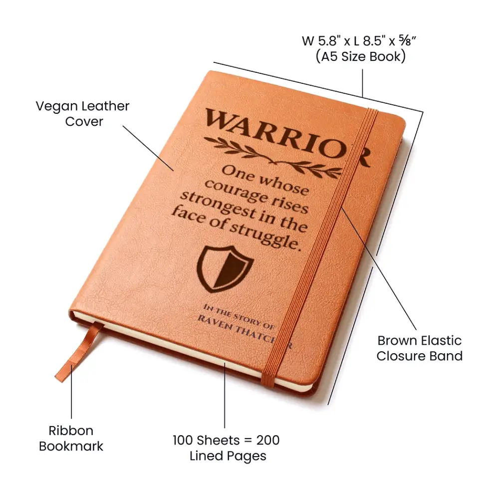 Brown vegan leather warrior journal with elastic band and ribbon bookmark