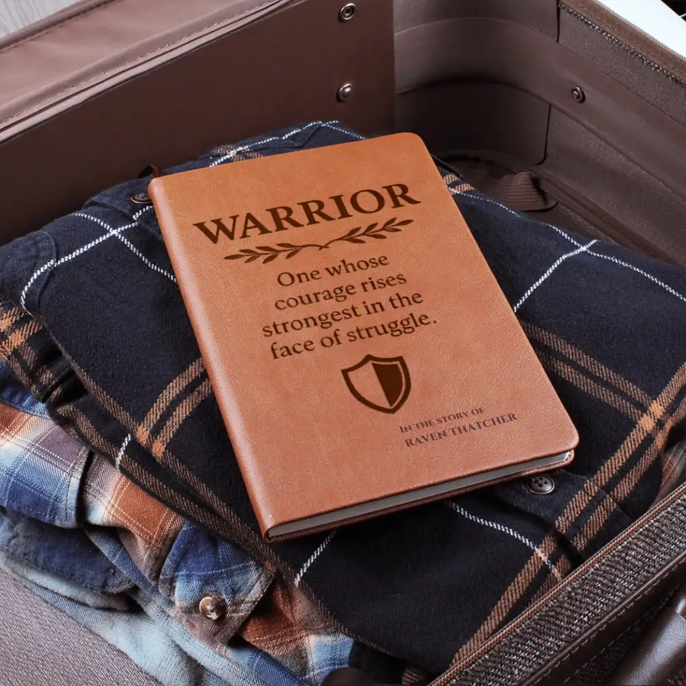 Light brown vegan leather warrior journal with engraved message