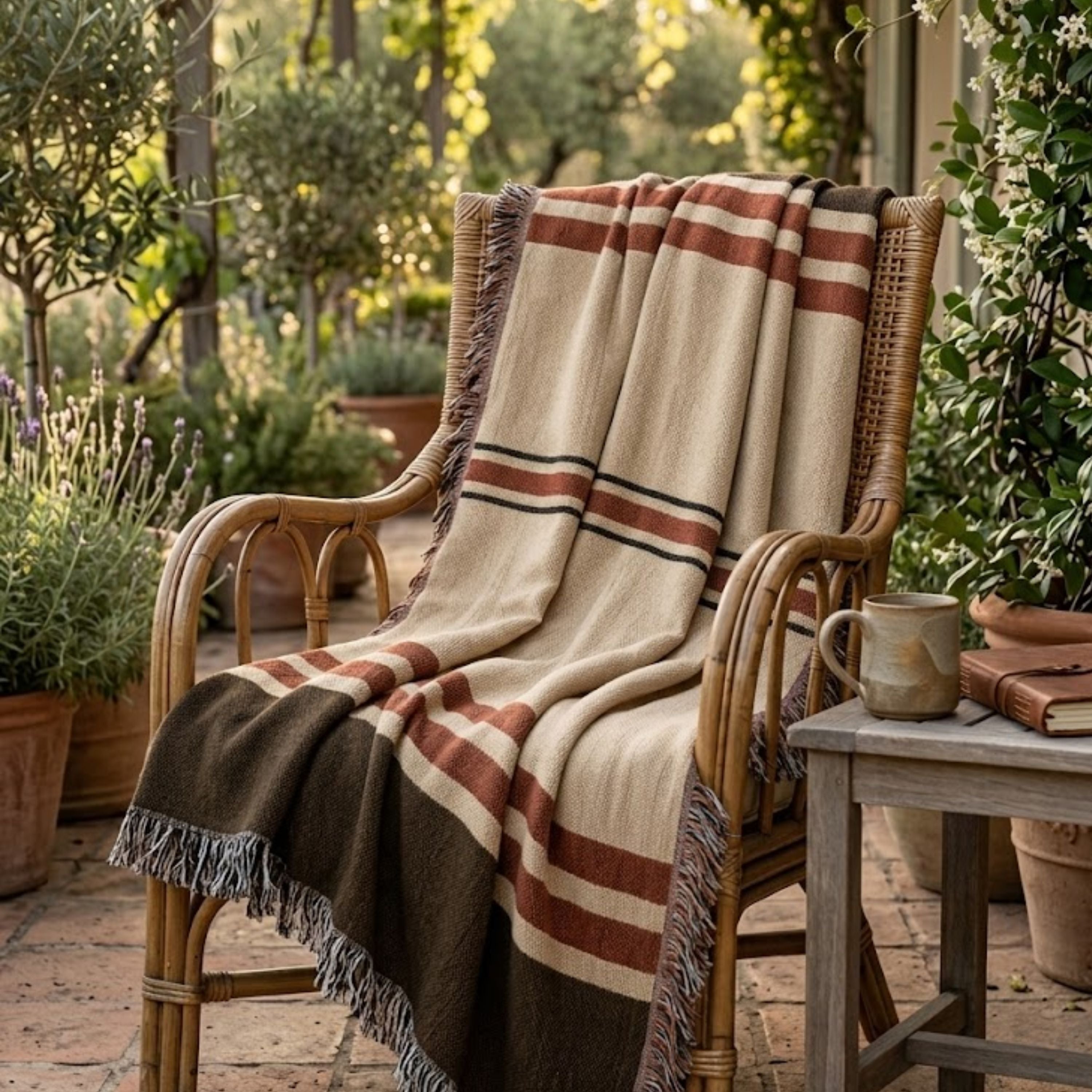 The Canyon woven throw blanket draped over a rustic wooden chair in a desert ranch setting — Trini Skies