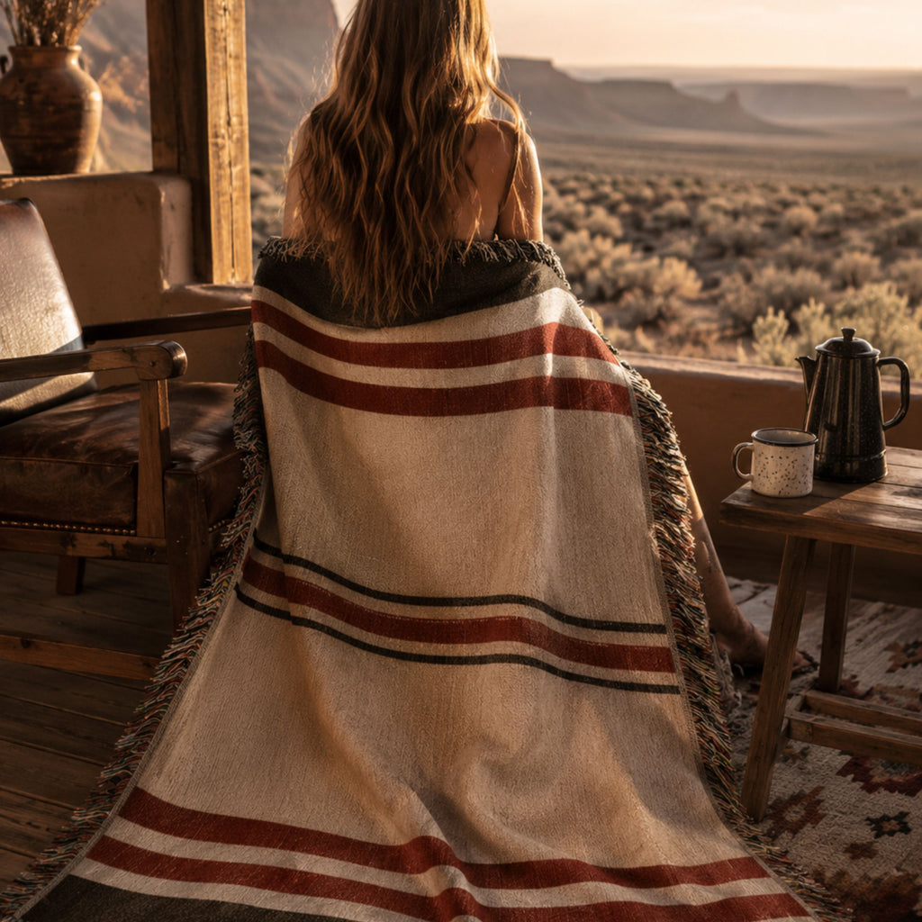 The Canyon woven cotton throw blanket layered on a bed in a warm desert-style bedroom — Trini Skies