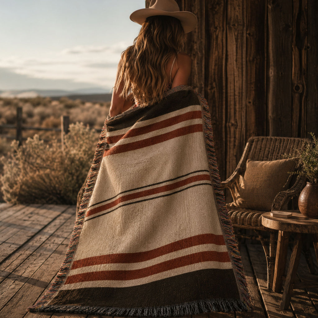 Woman standing on a desert porch wrapped in The Canyon woven throw blanket, espresso and barn-red stripe design — Trini Skies
