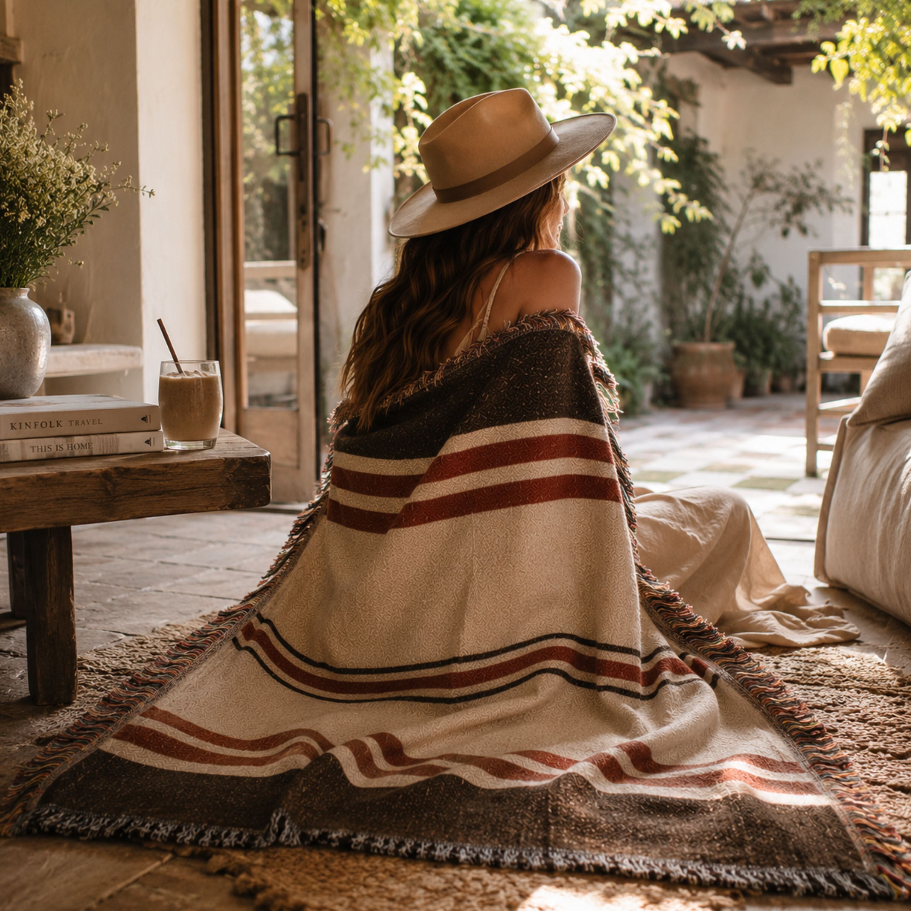 Woman wearing a hat draped in The Canyon woven cotton throw blanket on a sunlit terrace, espresso and barn-red heritage stripe design — Trini Skies