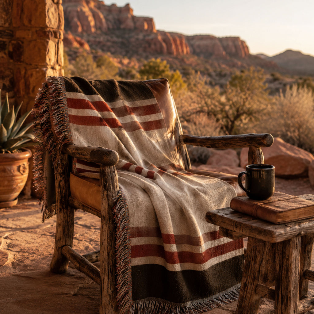 The Canyon woven cotton throw blanket draped over a wooden chair on a desert ranch porch at golden hour — Trini Skies