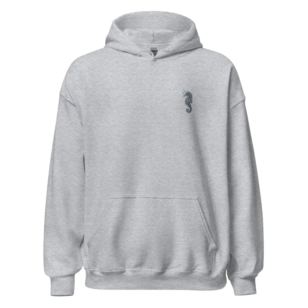 Heather gray whale shark hoodie with seahorse ocean graphic