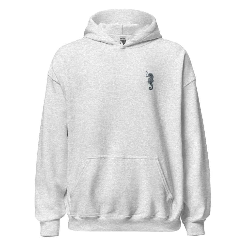 White whale shark hoodie with seahorse chest design, cotton-poly blend