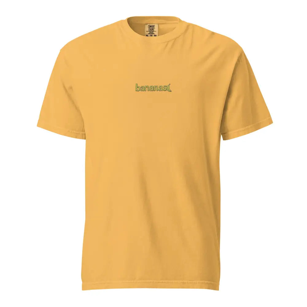 Mustard-yellow bananas embroidered t-shirt with green logo on heavyweight tee Comfort Colors