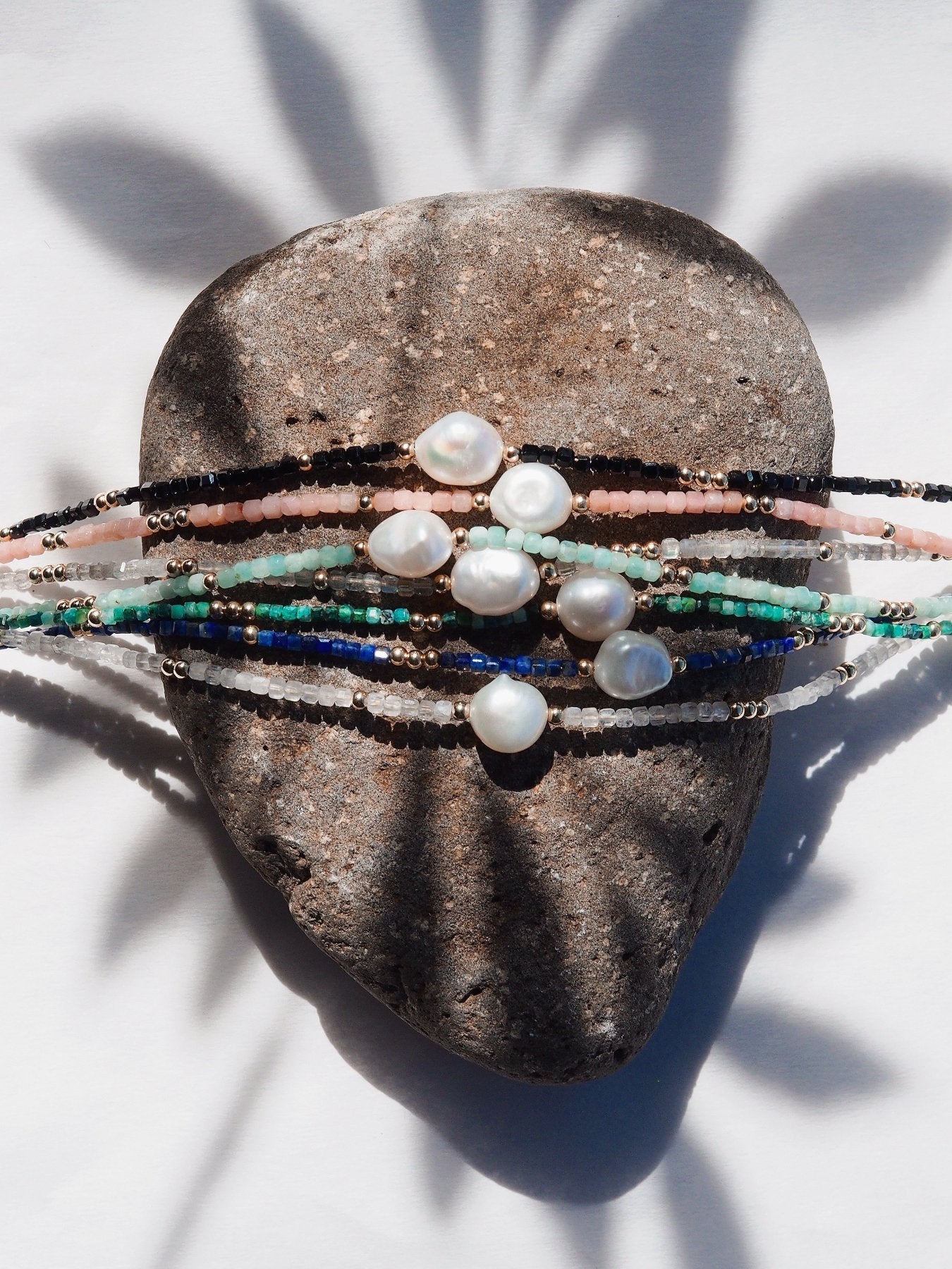 White Freshwater Pearl Bracelet with Gemstones - 14K Gold Filled Hawaiian Jewelry - Triniskies