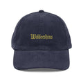 Navy blue widdershins corduroy hat with gold embroidered gothic folklore dark academia design