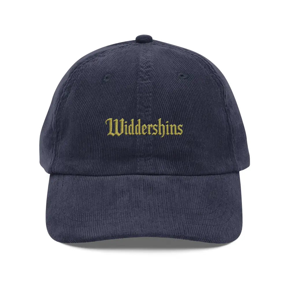 Navy blue widdershins corduroy hat with gold embroidered gothic folklore dark academia design