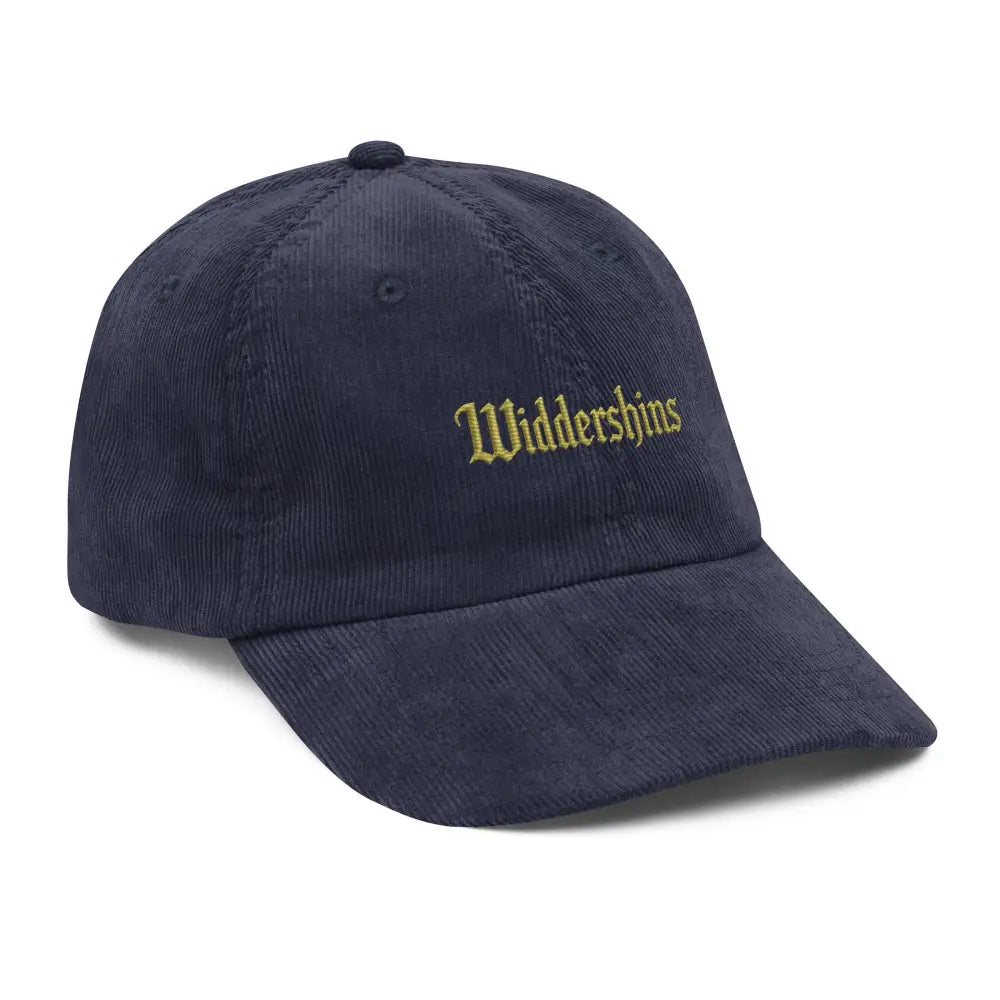 Navy blue widdershins corduroy hat with gold embroidery