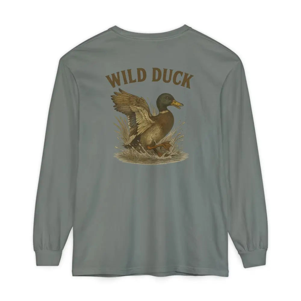 Long-sleeved gray Trini Skies Supply tee with mallard duck graphic