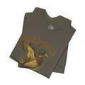Folded dark gray Wild Duck Shirt with Trini Skies mallard graphic tee