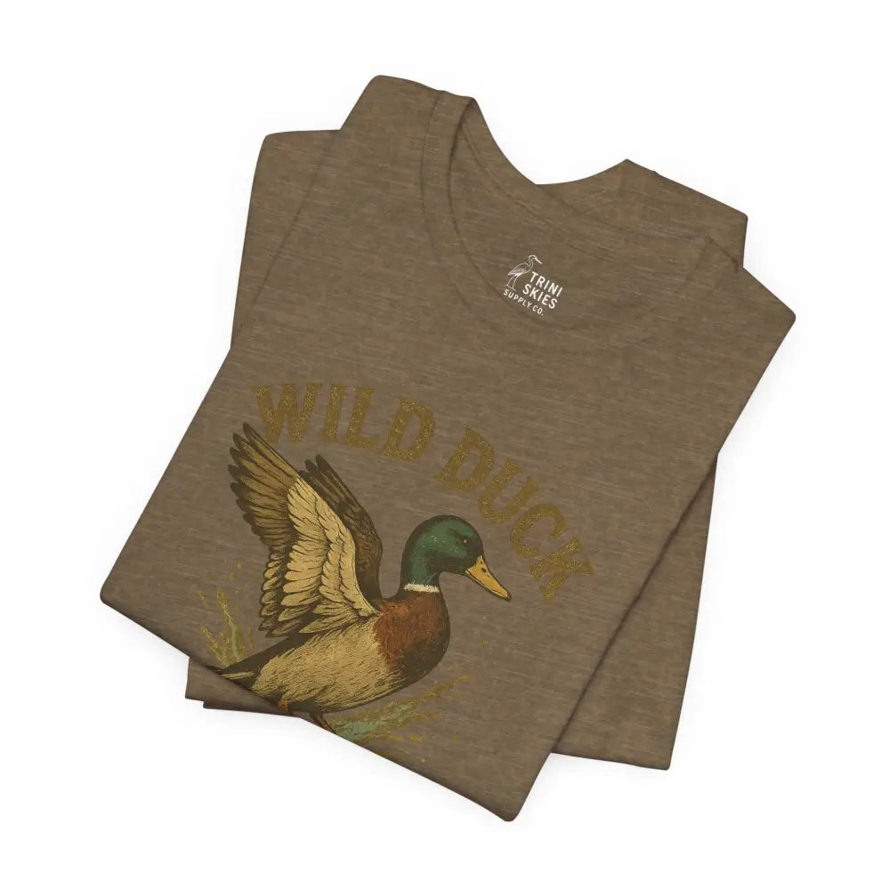 Folded brown Trini Skies wild duck shirt with mallard graphic