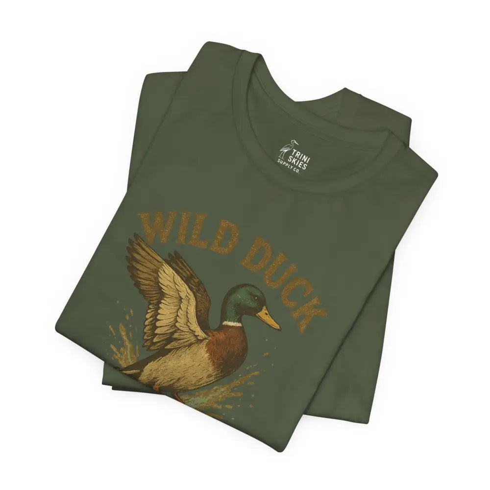 Folded olive green Trini Skies wild duck shirt with mallard graphic tee