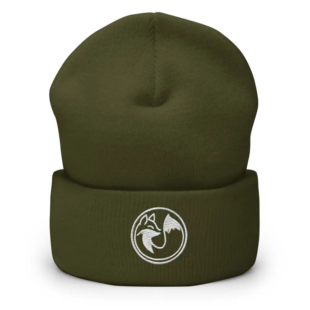Olive green wild fox embroidered knit beanie hat