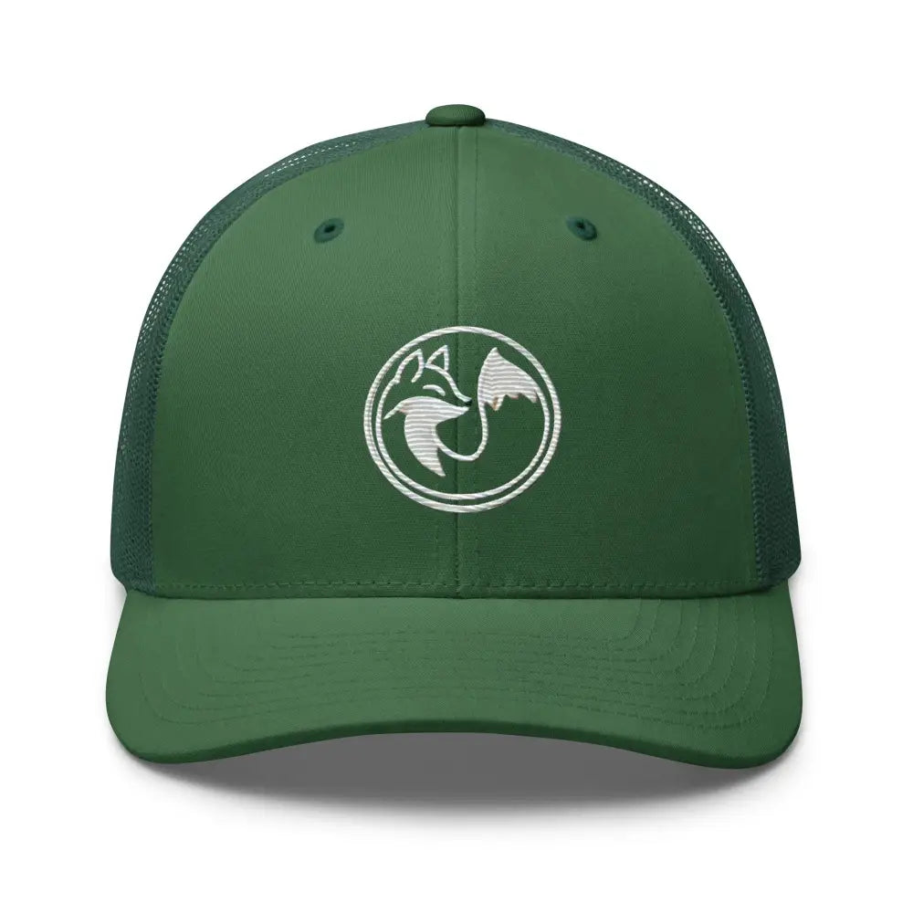 Wild Fox Embroidered Trucker Hat with Green Mesh and Mountain Logo