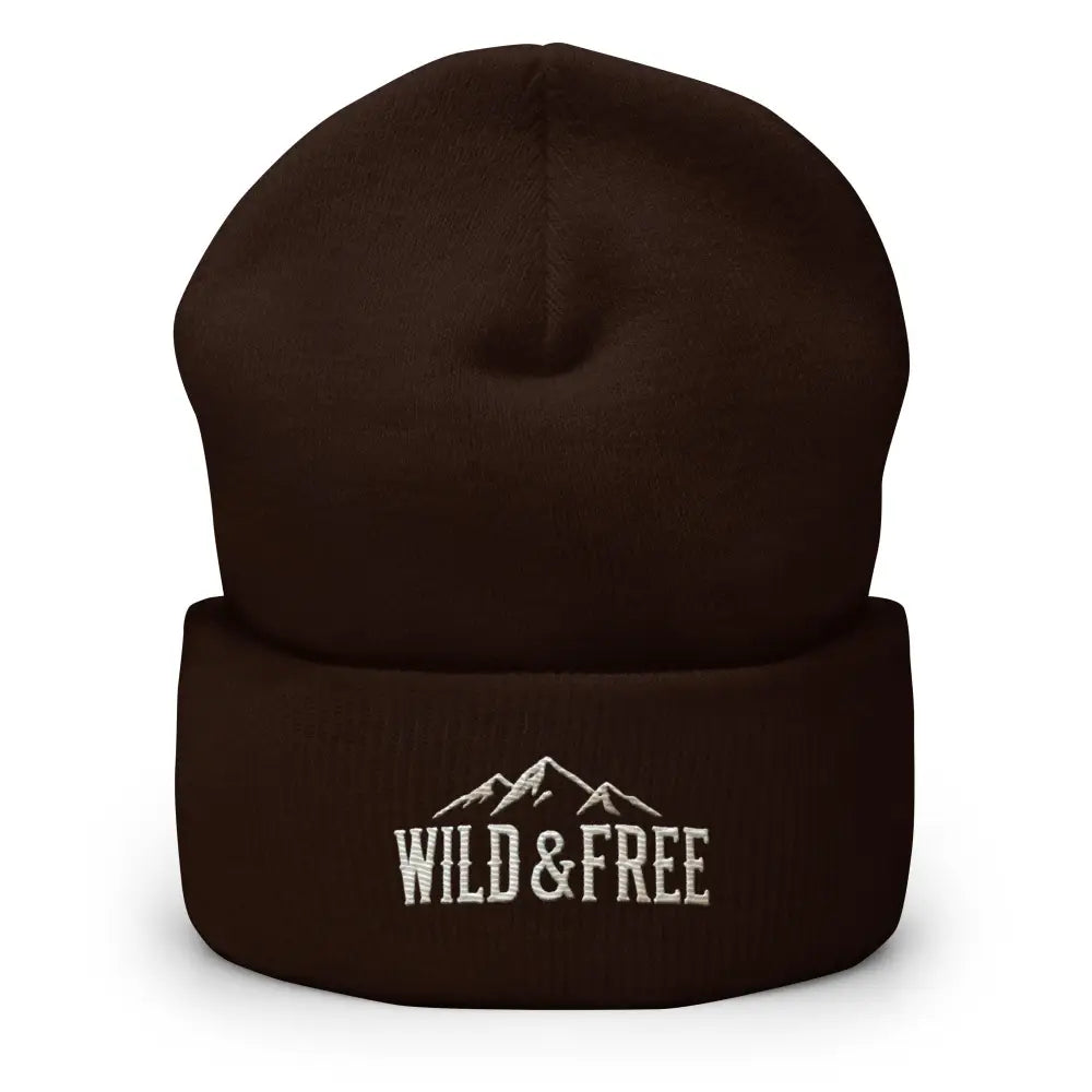 Dark brown cuffed beanie with Wild & Free mountain embroidery