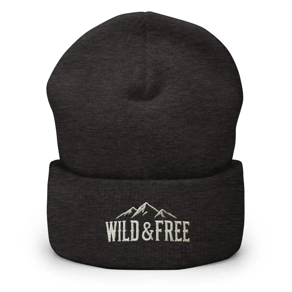 Dark gray cuffed beanie with embroidered mountain design and Wild & Free text