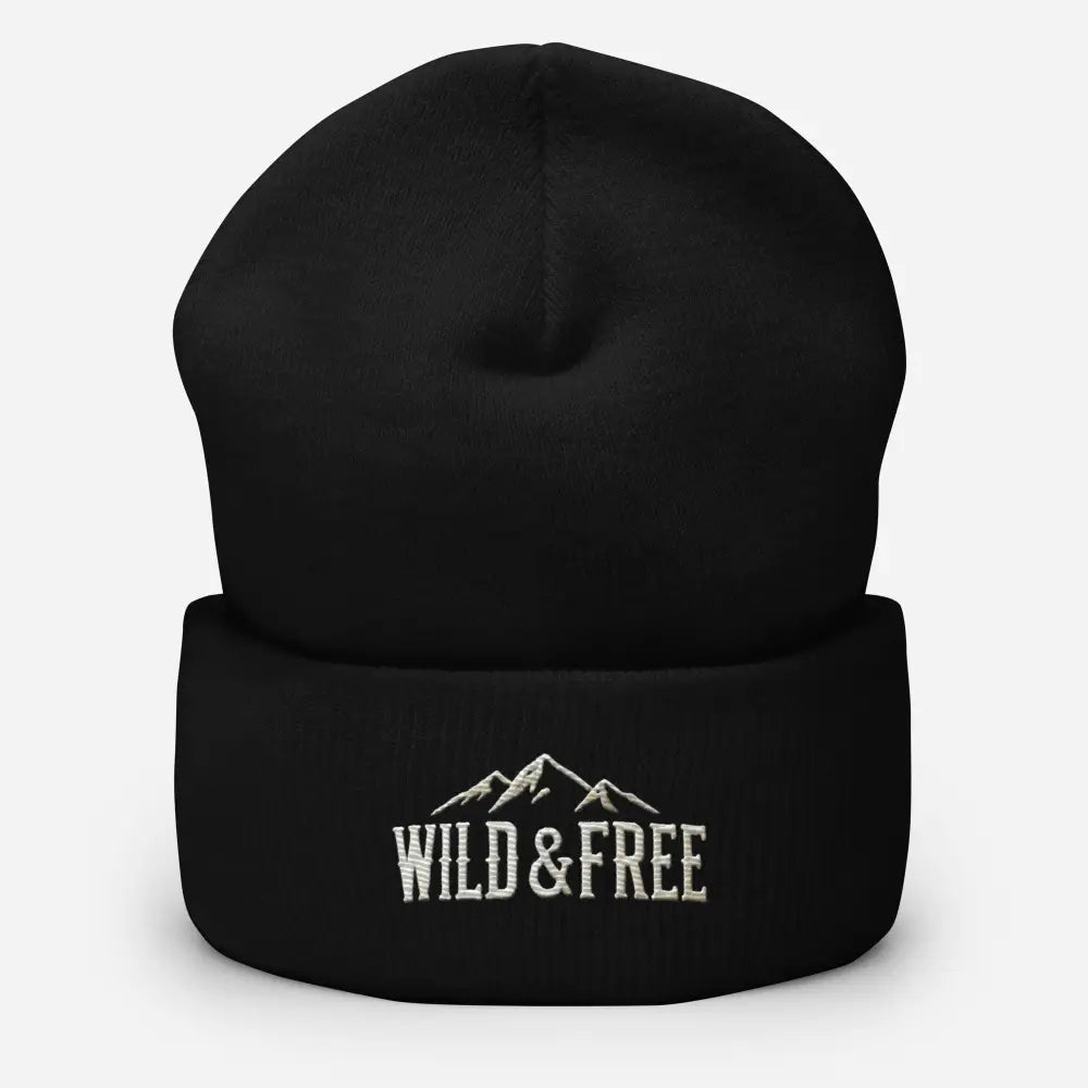Black cuffed beanie with embroidered mountains and Wild & Free text