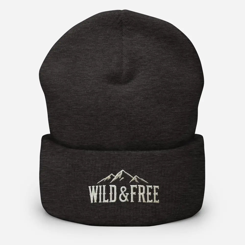 Dark grey cuffed beanie with white embroidered mountains and Wild & Free text