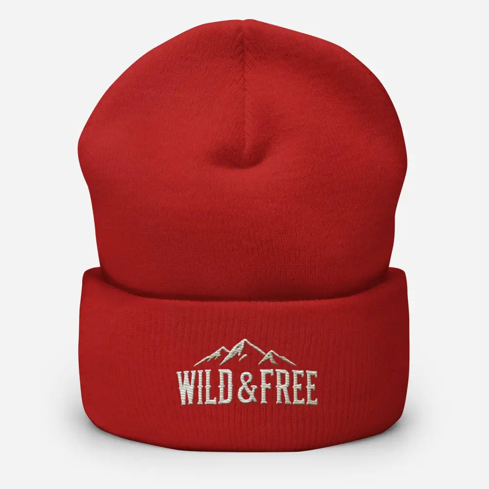 Red cuffed beanie with embroidered mountains and Wild & Free text
