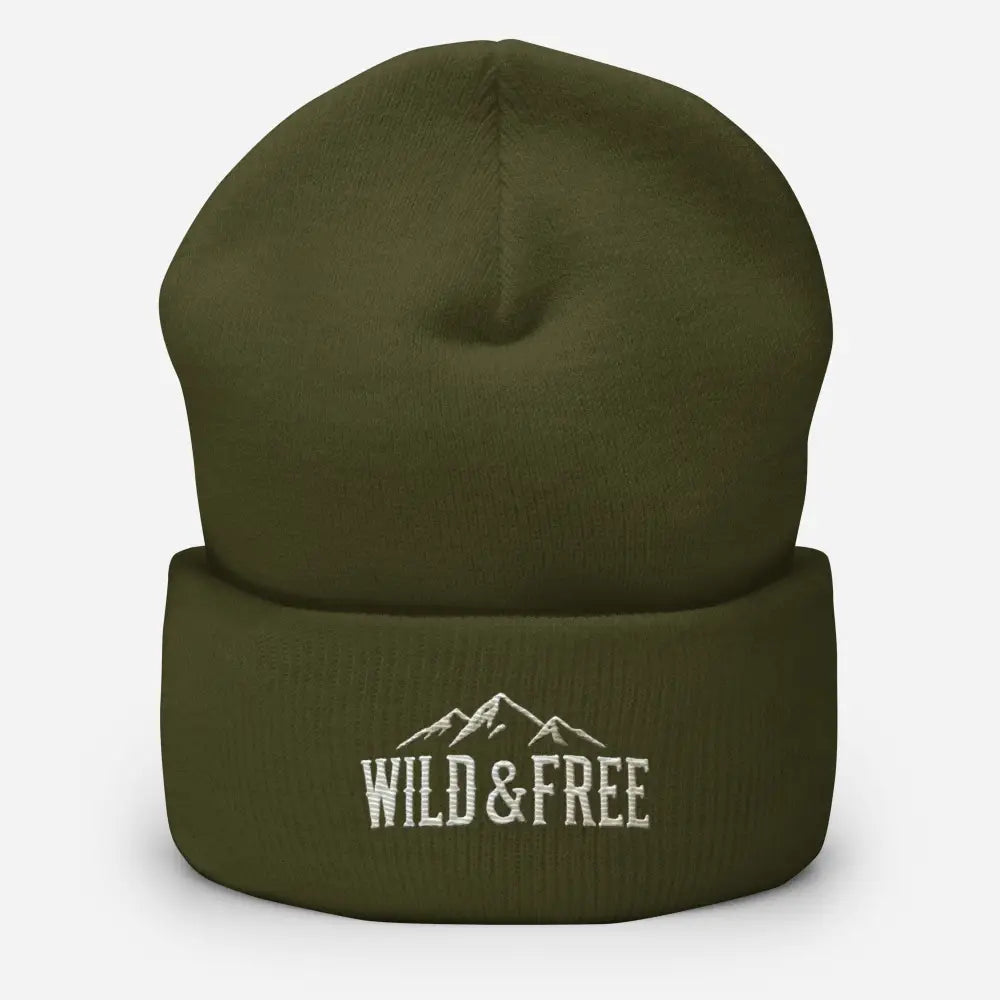 Olive green cuffed beanie embroidered with Wild & Free mountains