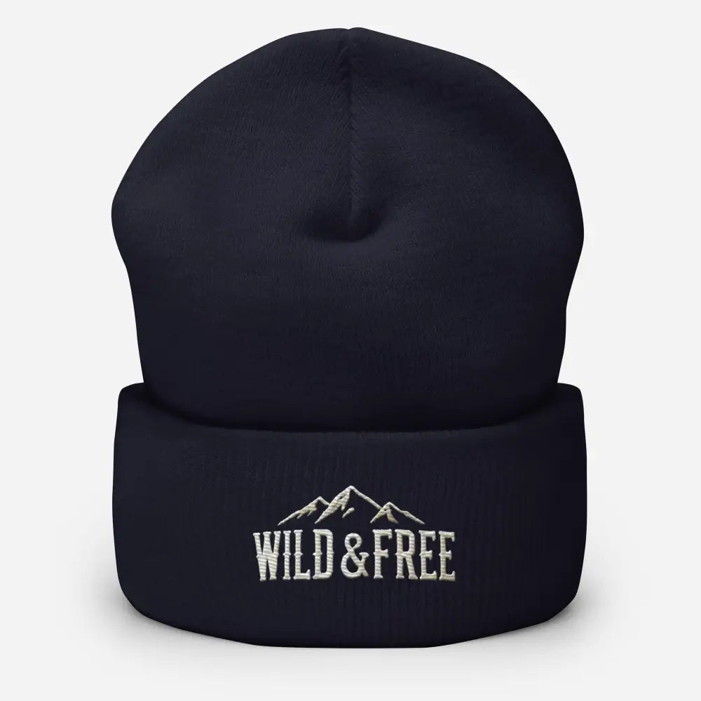 Dark blue cuffed beanie embroidered with mountains and Wild & Free text