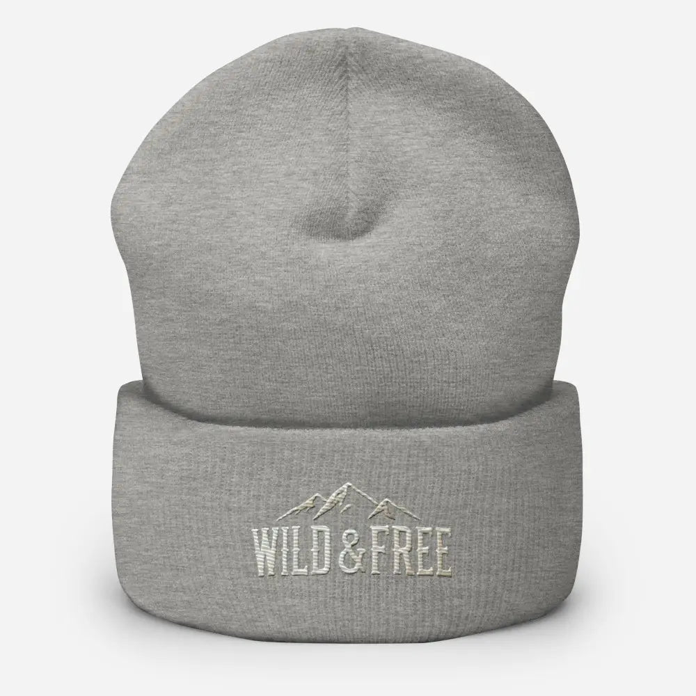 Light grey cuffed beanie embroidered with Wild & Free mountains