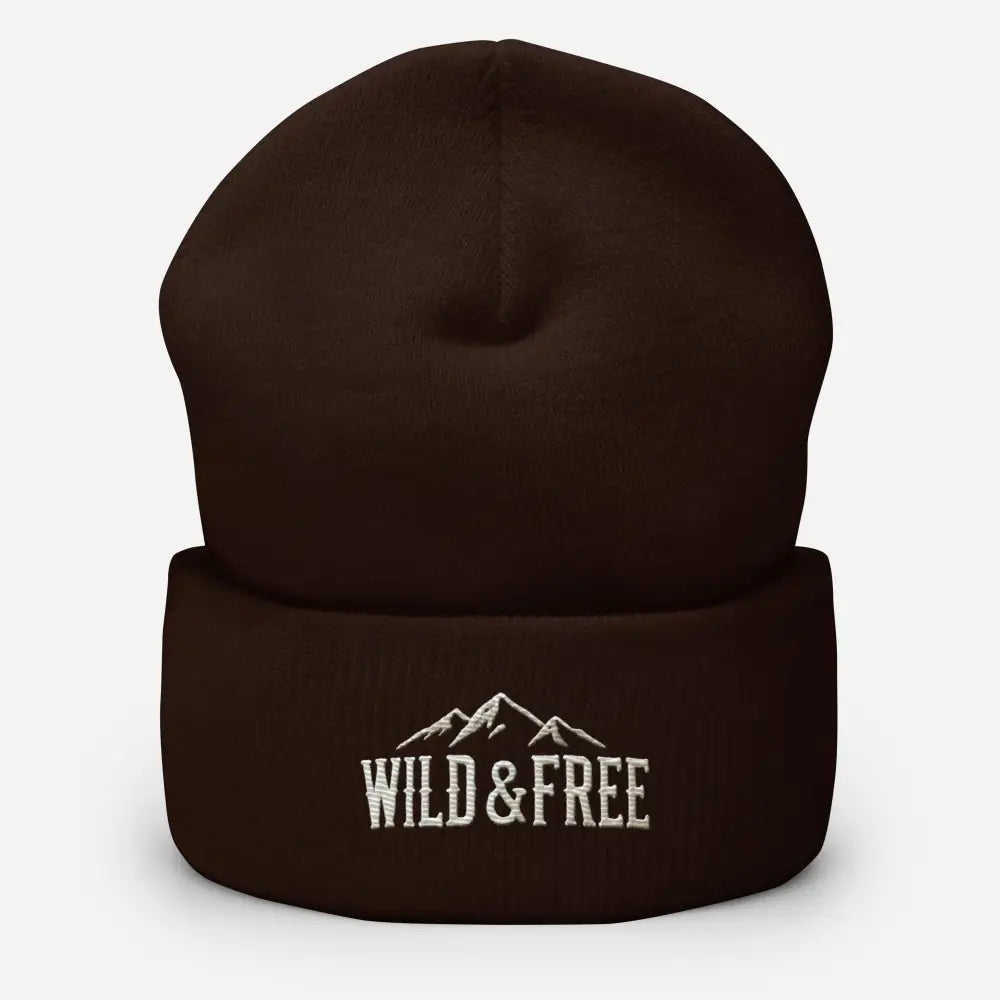 Dark brown cuffed beanie with Wild & Free mountain embroidery
