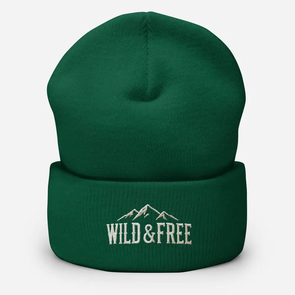Dark green cuffed beanie with white mountain embroidery and Wild & Free text