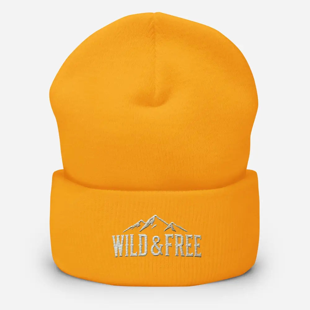 Orange cuffed beanie with Wild & Free mountain embroidery
