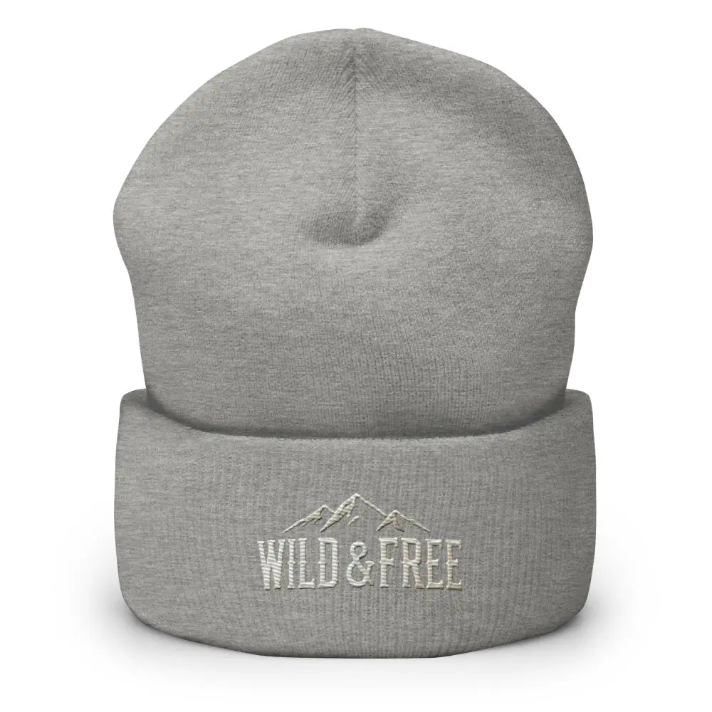Grey cuffed beanie with Wild & Free mountain embroidery