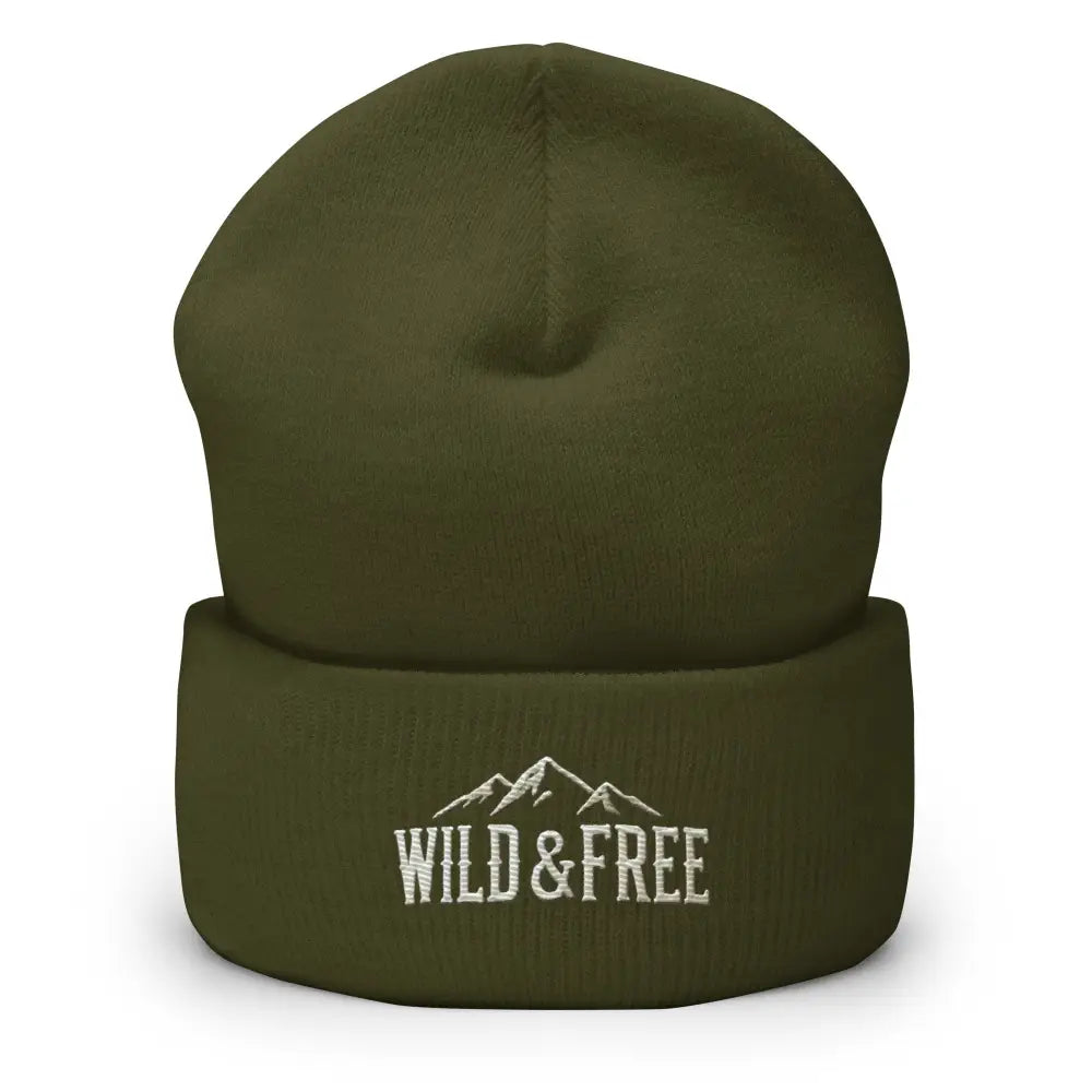 Olive green cuffed beanie with white mountain and Wild & Free embroidery