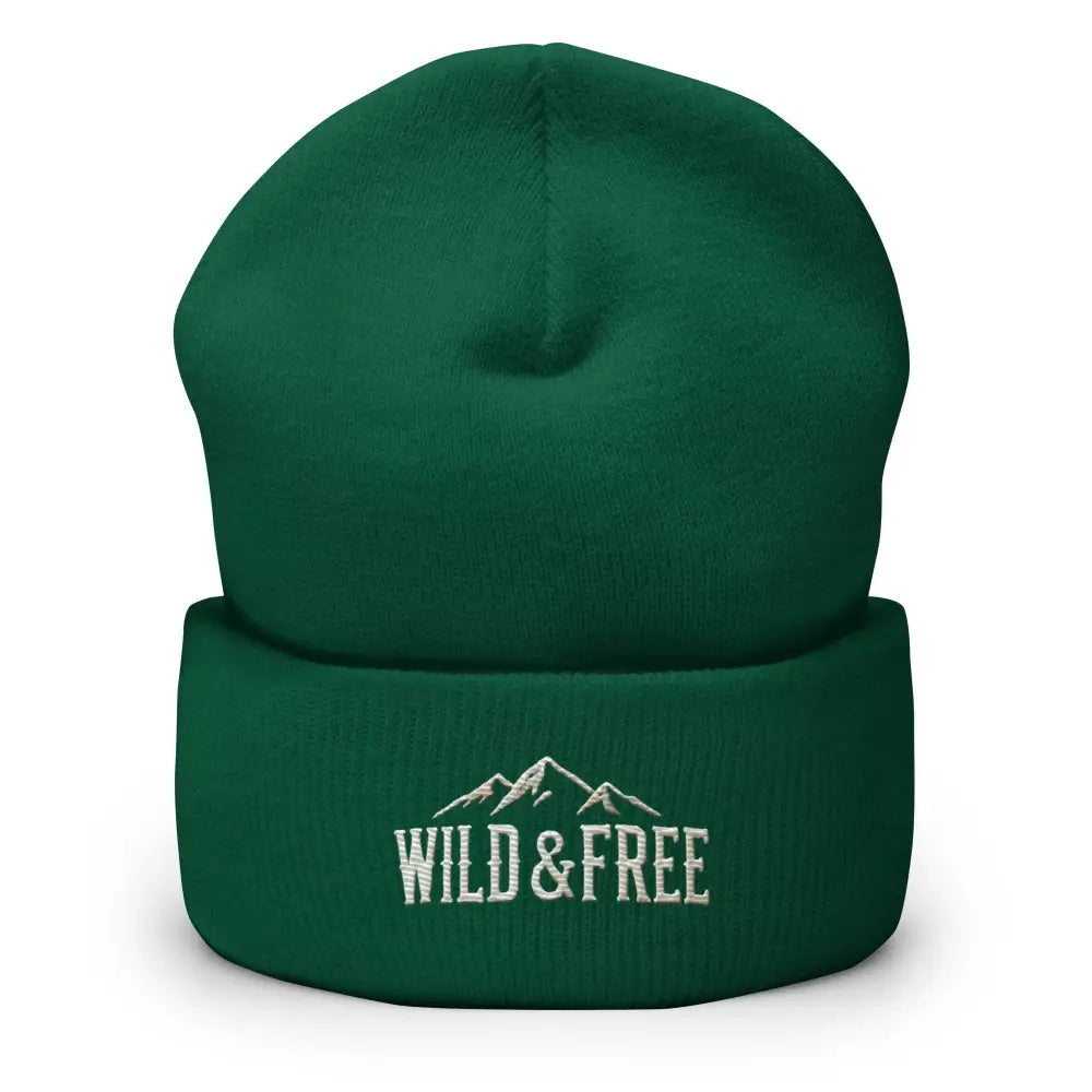Dark green cuffed beanie with white embroidered mountains and Wild & Free text